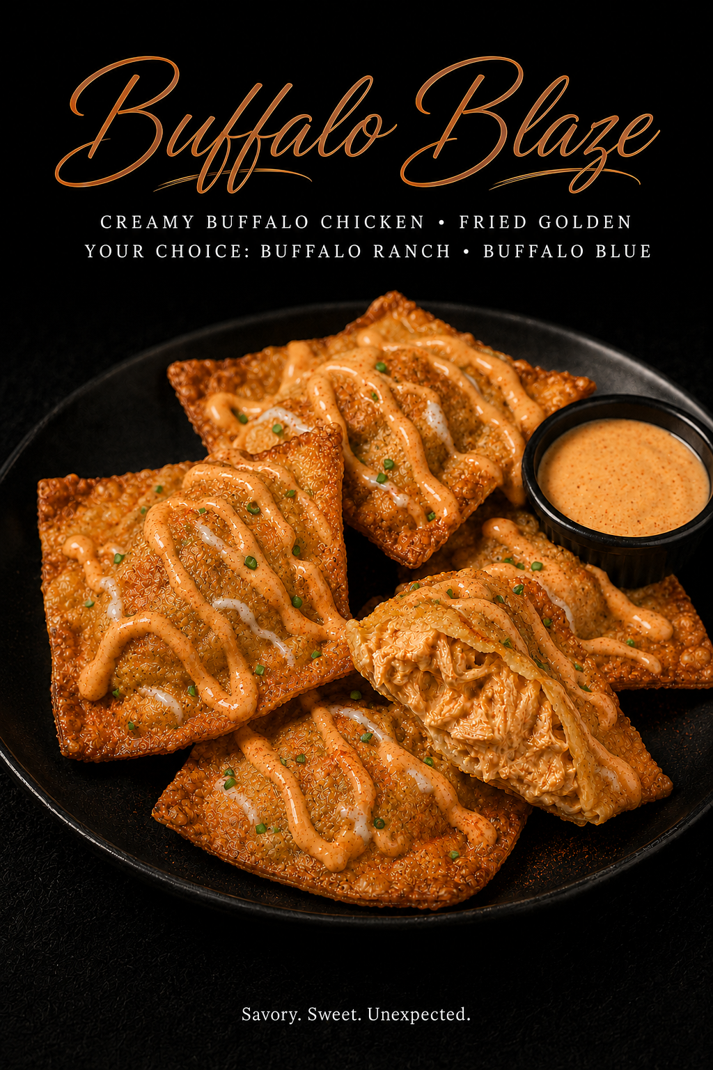 Buffalo Blaze gourmet fried wontons with dipping sauce