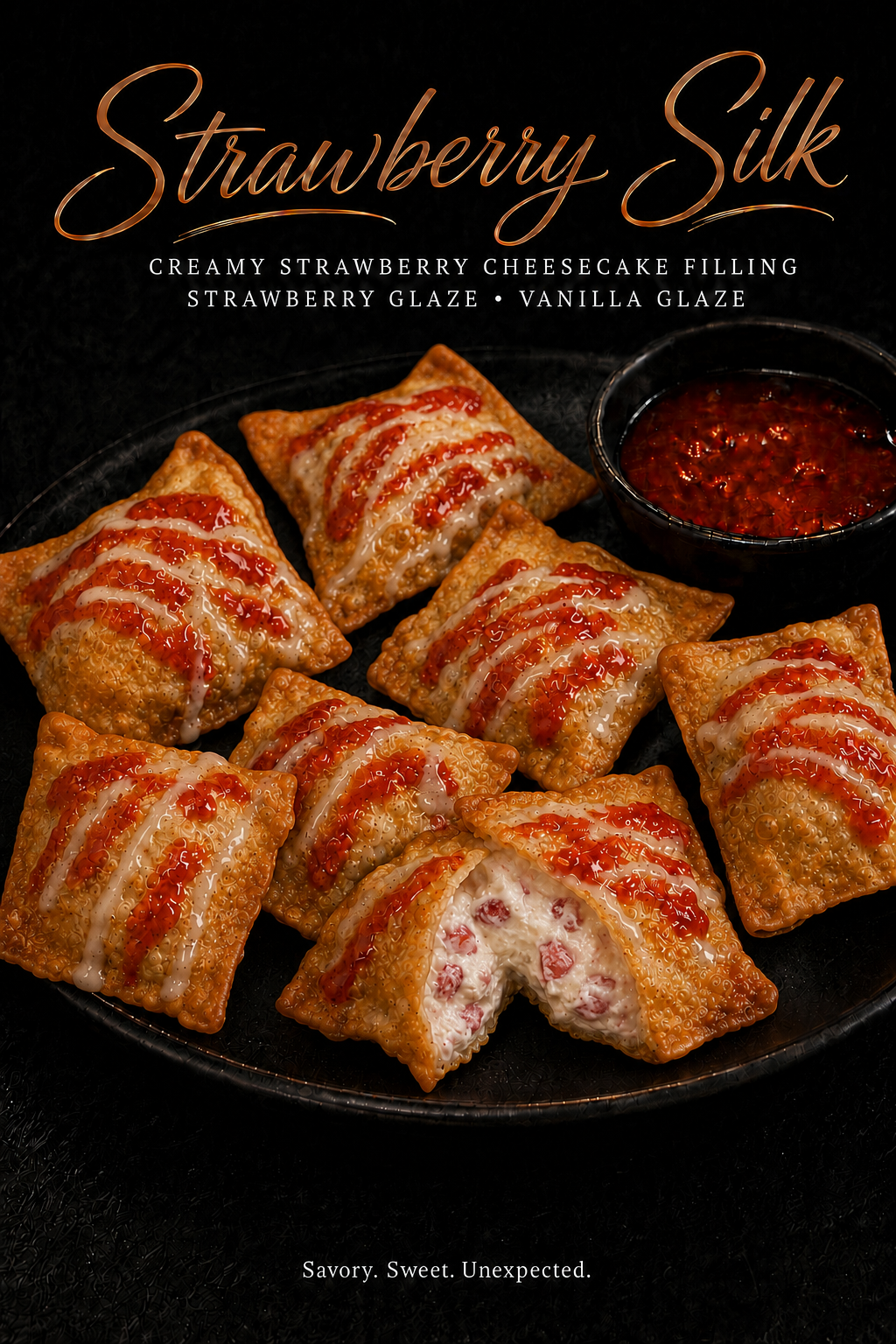 Strawberry Silk dessert wontons with strawberry dipping sauce